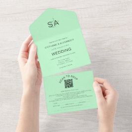 Invitación Todo En Uno Iniciales minimalistas Código QR Mint Boda verde