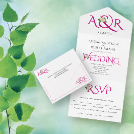Invitación Todo En Uno Iniciales rosa magenta y ampersand, boda rosa