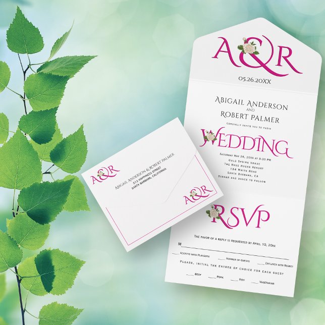 Invitación Todo En Uno Iniciales rosa magenta y ampersand, boda rosa (Subido por el creador)