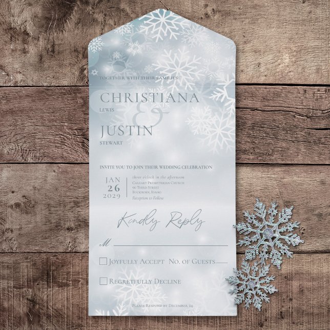 Invitación Todo En Uno Invierno azul y blanco Nieve moderna sin cena (Blue & White Winter Snow Modern All In One Wedding Invitation without Dinner Options)