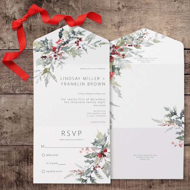 Invitación Todo En Uno Invierno Rústico Holly Berries y Nieve sin cena (Rustic Winter Holly Berries & Snow All In One Wedding Invitation without Dinner Options)