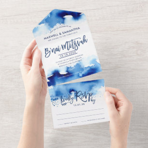 Invitación Todo En Uno INVITACIÓN B'NAI MITZVAH con letras a mano en acua