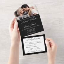 Invitación de boda con foto elegante en blanco y n