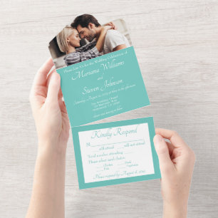 Invitación Todo En Uno Invitación de boda con foto en azul turquesa elega