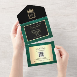 Invitación Todo En Uno Invitación de boda con monograma en verde esmerald