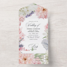 Invitación Todo En Uno Invitación de boda de dahlia rosa pastel en un sol