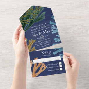 Invitación Todo En Uno Invitación de boda de vida oceánica en acuarela to