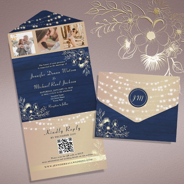 Invitación Todo En Uno Invitación de boda en código QR Navy rústico (Subido por el creador)