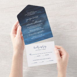 Invitación Todo En Uno Invitación de boda moderna en azul marino acuarela