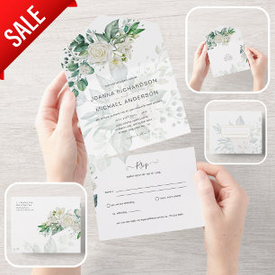 Invitación Todo En Uno Invitar a RSVP a la boda de todas las rosas blanca
