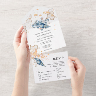 Invitación Todo En Uno Isla tropical con aguas de color azul naranja