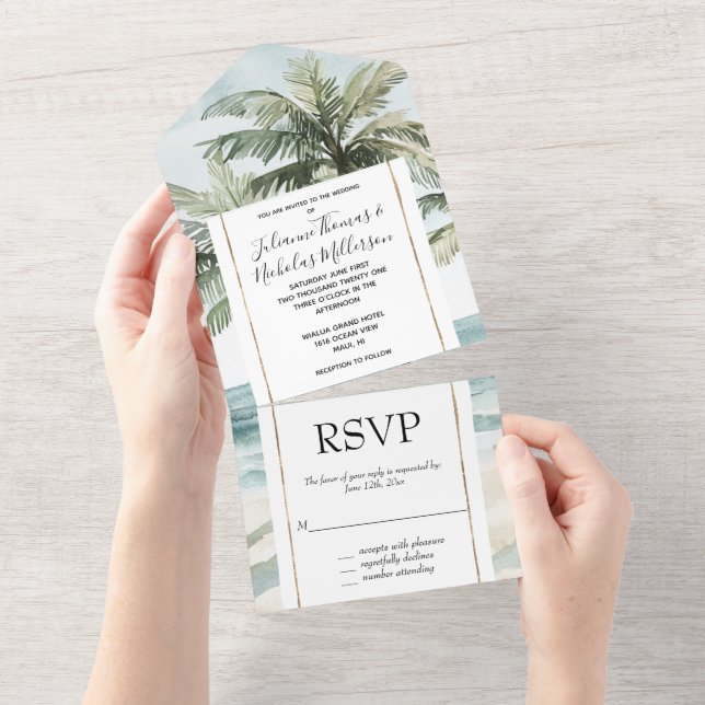 Invitación Todo En Uno Isla Tropical Palm Trees Ocean Beach Wedding (desgarro)