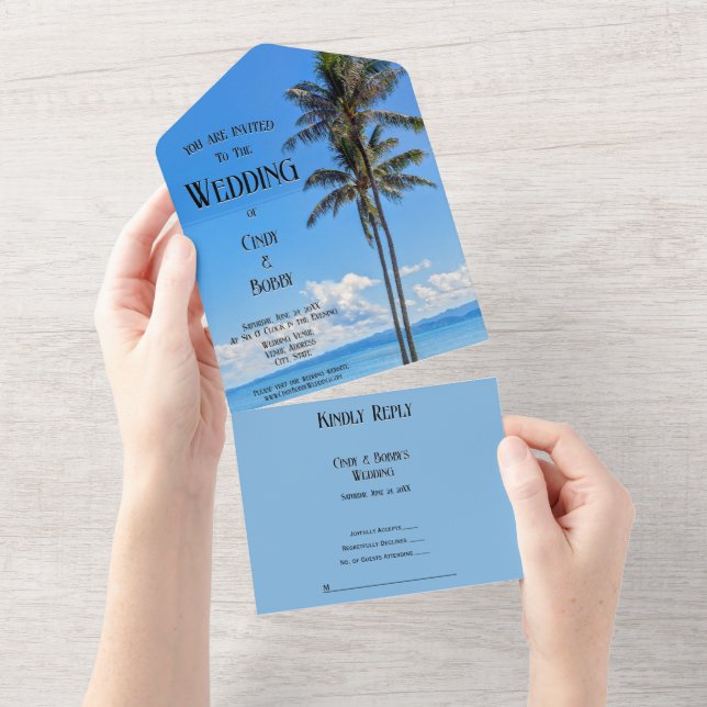 Invitación Todo En Uno Isla Tropical, Palmeras, Mar Azul, (desgarro)