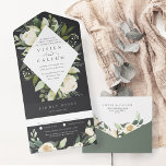 Invitación Todo En Uno Ivory Bloom | Boda de marco floral acuarela<br><div class="desc">Nuestra invitación a la boda de Marfil Bloom rodea los detalles del día de la boda con un marco geométrico moderno de vegetación acuática pintada,  hojas de eucalipto,  follaje botánico y flores blancas de rosa y peonía.</div>