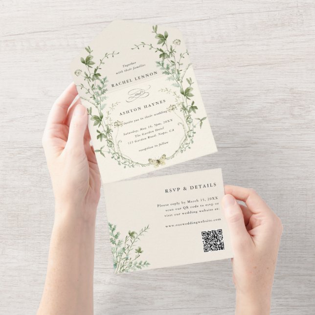 Invitación Todo En Uno Ivory Elegant Wildflower Boda de código QR (desgarro)