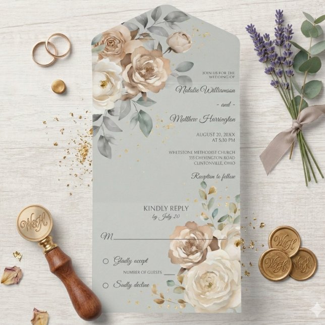 Invitación Todo En Uno Ivory Floral on Sage Green Wedding (Subido por el creador)