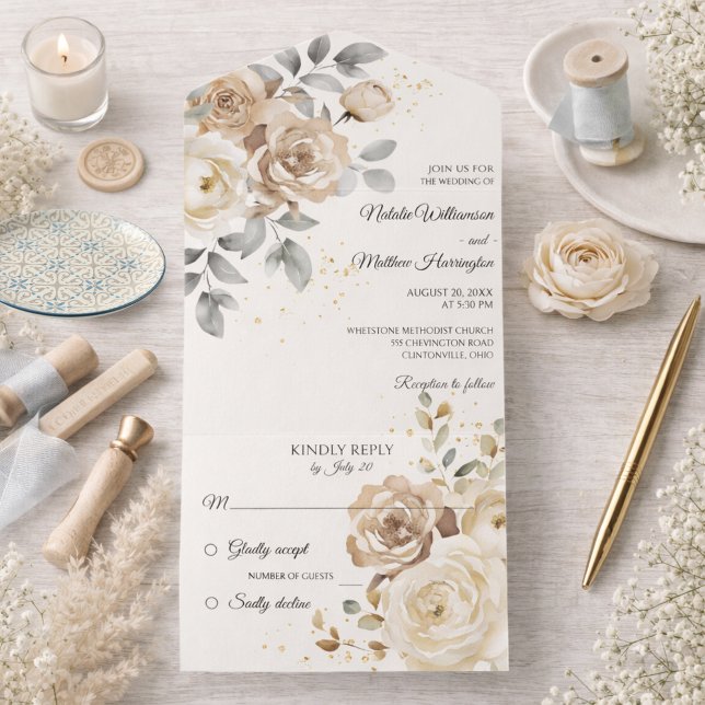 Invitación Todo En Uno Ivory Floral Wedding (Subido por el creador)