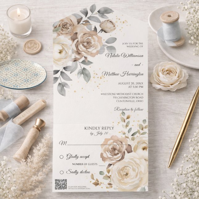 Invitación Todo En Uno Ivory Floral Wedding with QR Code (Subido por el creador)
