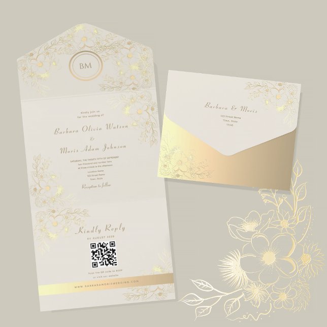 Invitación Todo En Uno Ivory Gold Floral QR Code Wedding (Subido por el creador)