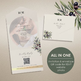 Invitación Todo En Uno Ivory Olive Photo Monogram Wedding