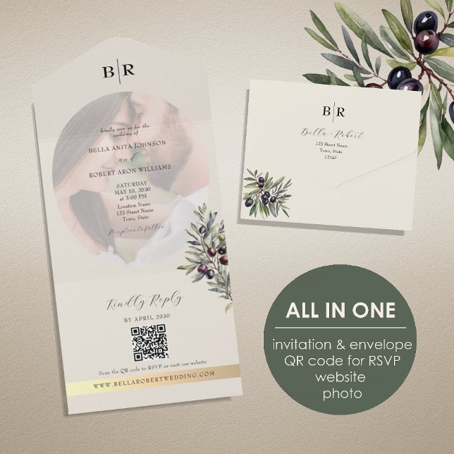 Invitación Todo En Uno Ivory Olive Photo Monogram Wedding (Subido por el creador)