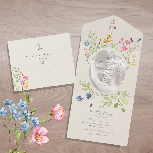 Invitación Todo En Uno Ivory Wildflower Floral Photo Wedding (Subido por el creador)