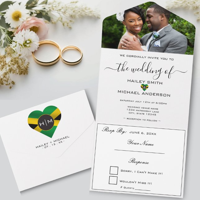 Invitación Todo En Uno Jamaica: Boda de fotografía moderno con bandera ja (Jamaica Jamaican Flag Heart Modern Photo Wedding All In One Invitation)