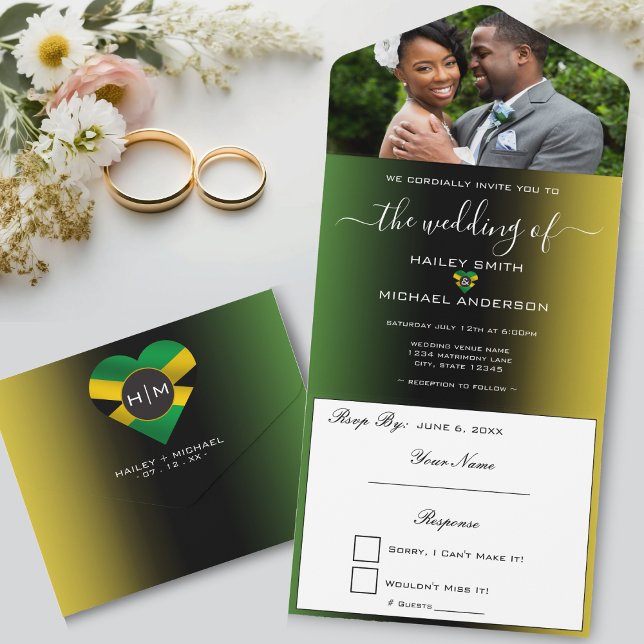 Invitación Todo En Uno Jamaica Ombre Boda de foto de la bandera jamaiquin (Jamaica Ombre Jamaican Flag Heart Photo Wedding All In One Invitation)