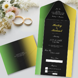Invitación Todo En Uno Jamaica Verde Negro y Gold Elegante jamaiquino mod