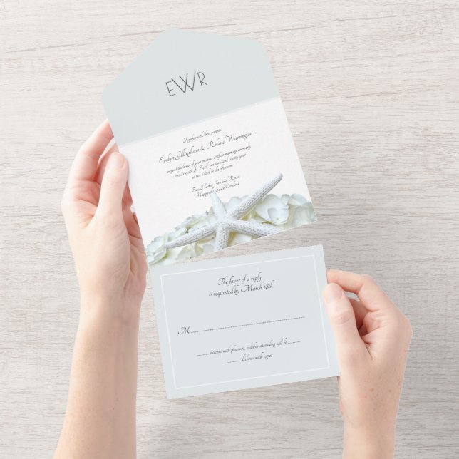 Invitación Todo En Uno Jardín costero Monograma Boda tradicional (desgarro)