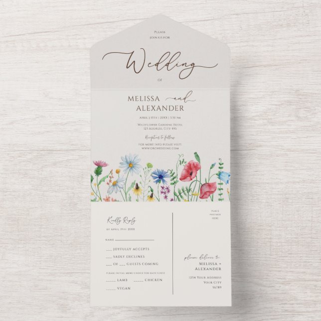 Invitación Todo En Uno Jardín de flores silvestres Boda Seal Beige Y Envi (Interior)