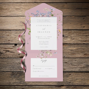 Invitación Todo En Uno Jardín de flores silvestres rosadas elegante boda