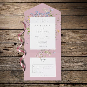 Invitación Todo En Uno Jardín de flores silvestres rosadas elegante boda