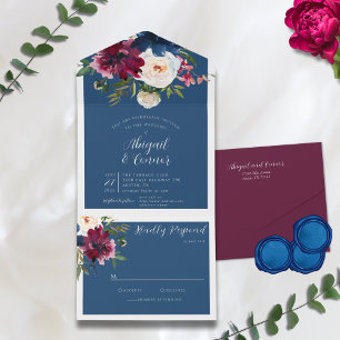 Invitación Todo En Uno Jardín encantado Dusty Marina Azul Borgoña
