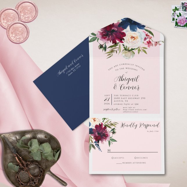Invitación Todo En Uno Jardín encantado Rubor rosa Marina Borgoña (Subido por el creador)