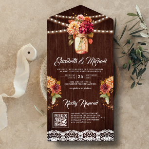 Invitación Todo En Uno Jarrón Mason Floral de Dalia de Otoño Código QR Bo