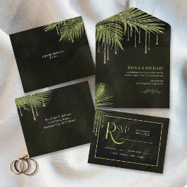 Invitación Todo En Uno Jewel Palm Leaf Boda Green ID830