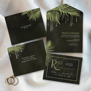 Invitación Todo En Uno Jewel Palm Leaf Boda Green ID830