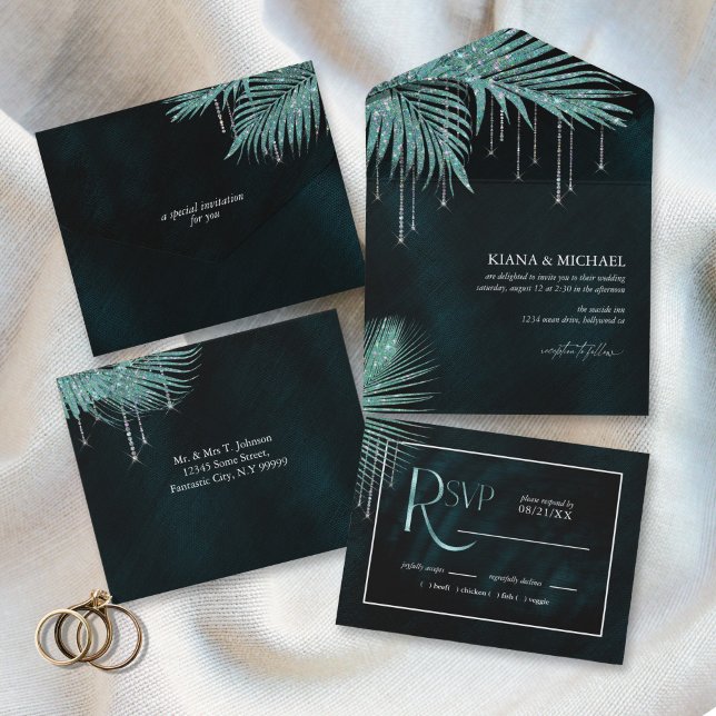 Invitación Todo En Uno Jewel Palm Leaf Boda ID830 Verde azulado (Subido por el creador)