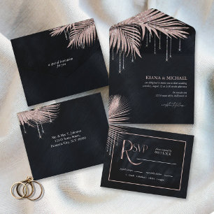 Invitación Todo En Uno Jewel Palm Leaf Boda Rosa Gold ID830