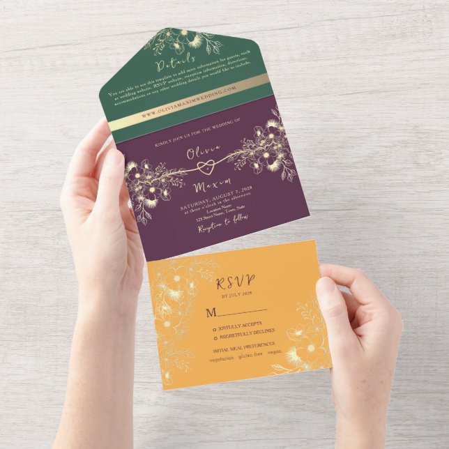 Invitación Todo En Uno Jewel Tone Plum Purple Boda (desgarro)