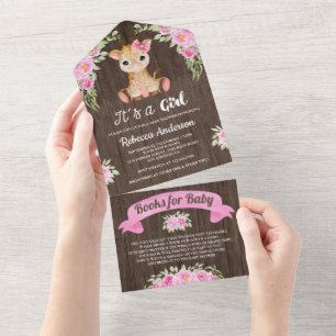 Invitación Todo En Uno Jirafa acuarela floral rosa baby shower de madera
