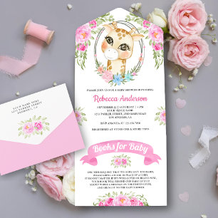 Invitación Todo En Uno Jirafa Corona Floral Rosa Baby Shower