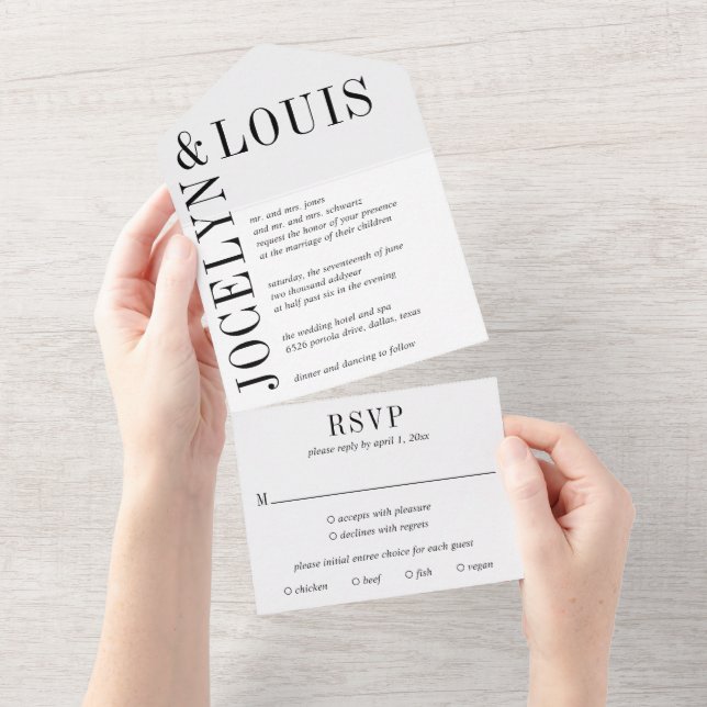 Invitación Todo En Uno Jocelyn Black and White Modern Boda (desgarro)