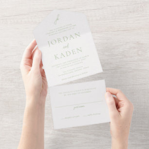 Invitación Todo En Uno Jordan Soft Sage Script Monograma Elegante Boda
