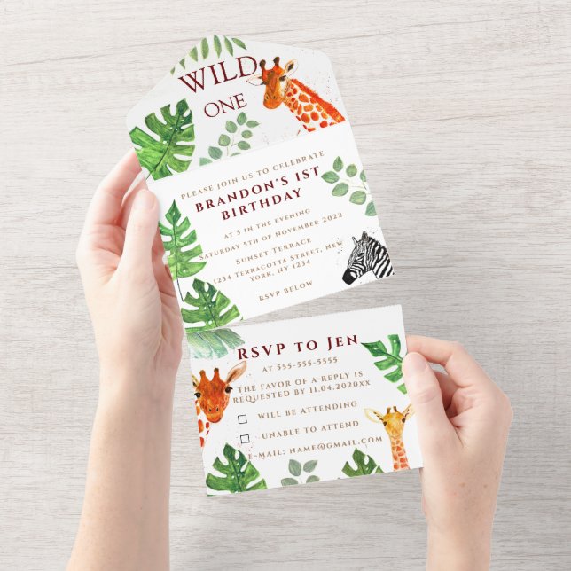 Invitación Todo En Uno Jungle Wild One First Birthday Boy Safari Animal (desgarro)