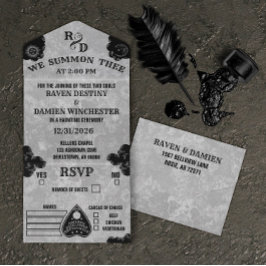 Invitación Todo En Uno Junta de Espíritu Gótico, Boda de Halloween de caí