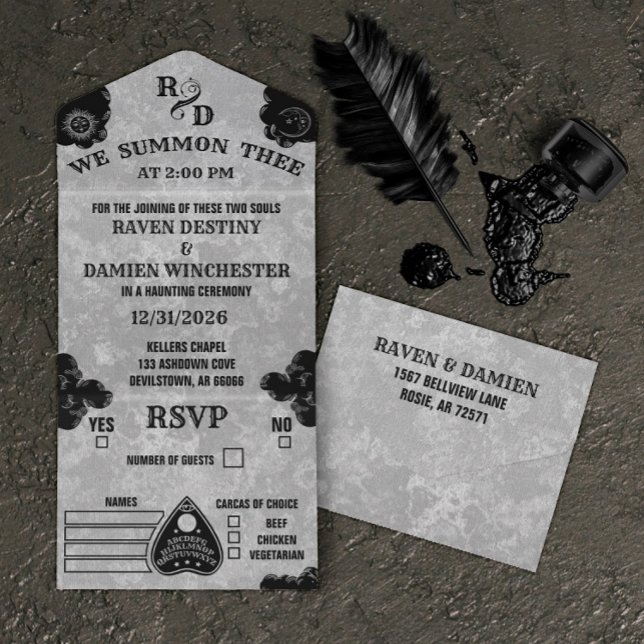 Invitación Todo En Uno Junta de Espíritu Gótico, Boda de Halloween de caí (Subido por el creador)