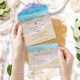 Invitación Todo En Uno La arena Corazón Tropical Ocean Beach Wedding