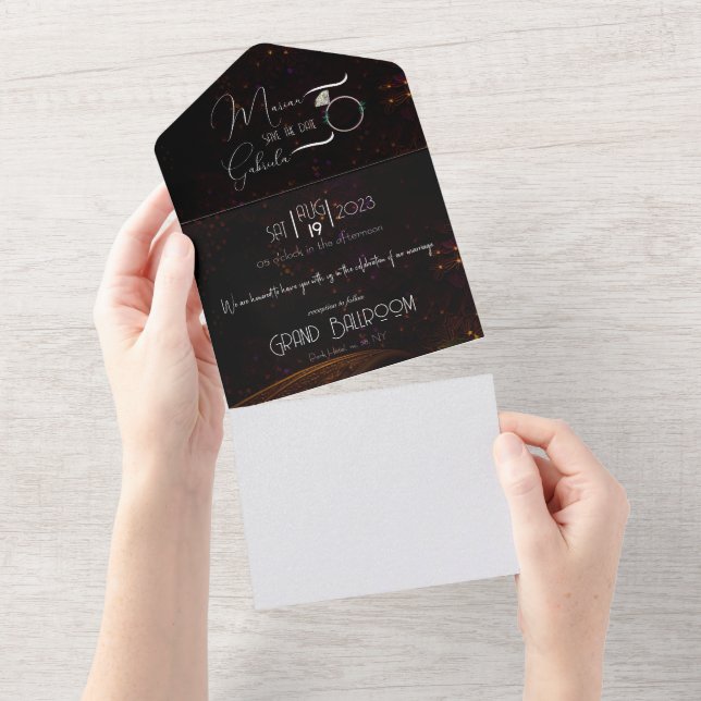 Invitación Todo En Uno La boda de Gatsby negro de lujo salva la fecha (desgarro)